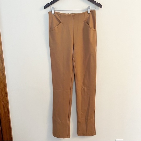 Anthropologie Maeve Tan Slim Fit Ponte Pants Elastic Waist Size XS Back Slit - Picture 1 of 7